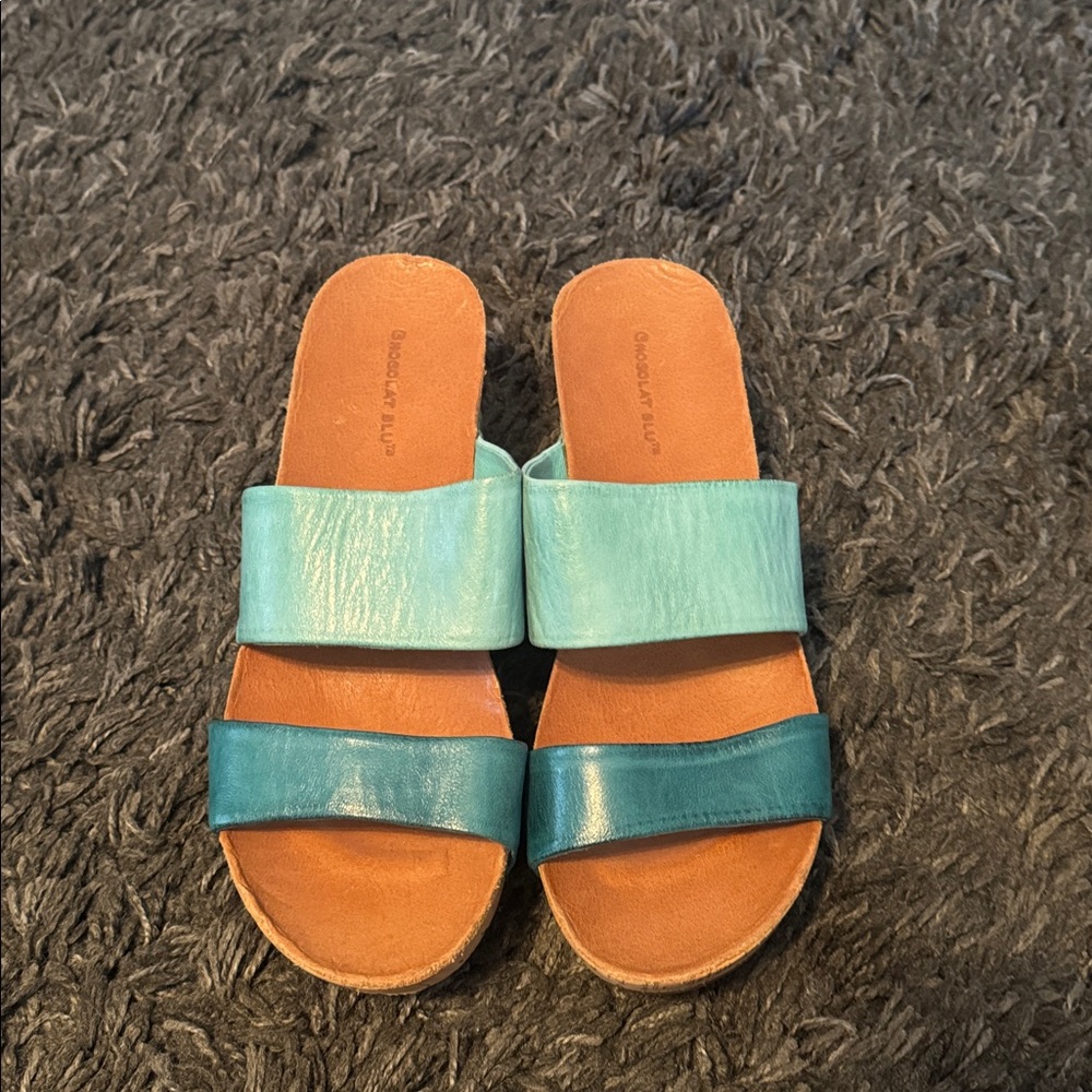 Chocolate Blu Teal and Aqua Slide Sandals sz 9.5 Brand new